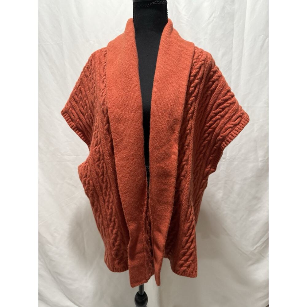 Lands End Lambs Wool Lagenlook Burnt Orange Cardigan Cable Sweater 3 XL Open